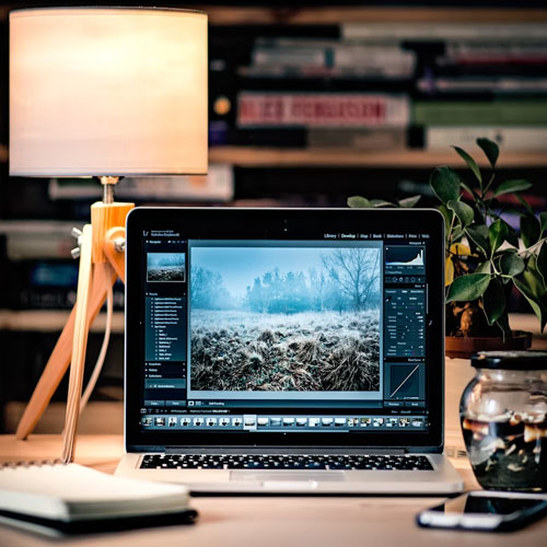 An open laptop on a desk beside a lamp, plants and a shelf of books